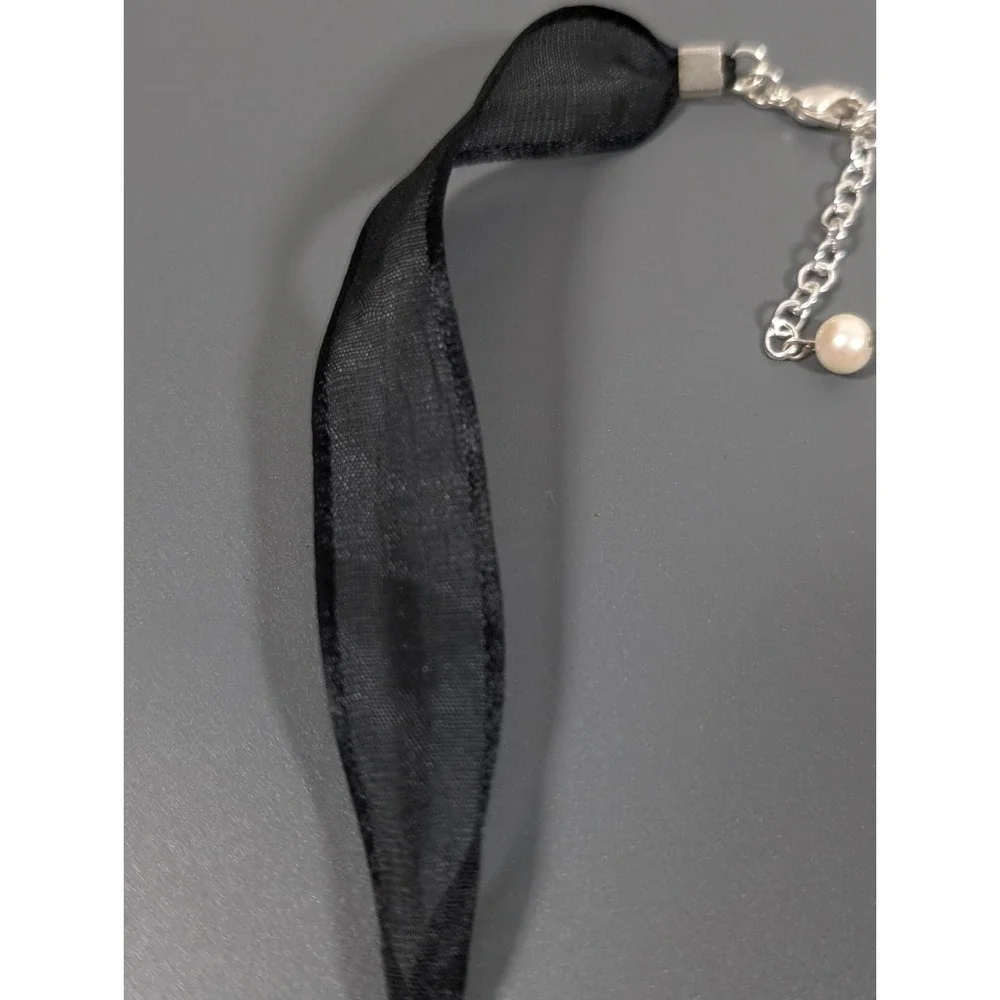 Retro Black Ribbon Choker Necklace Faux Pearl Charms 17‎ in